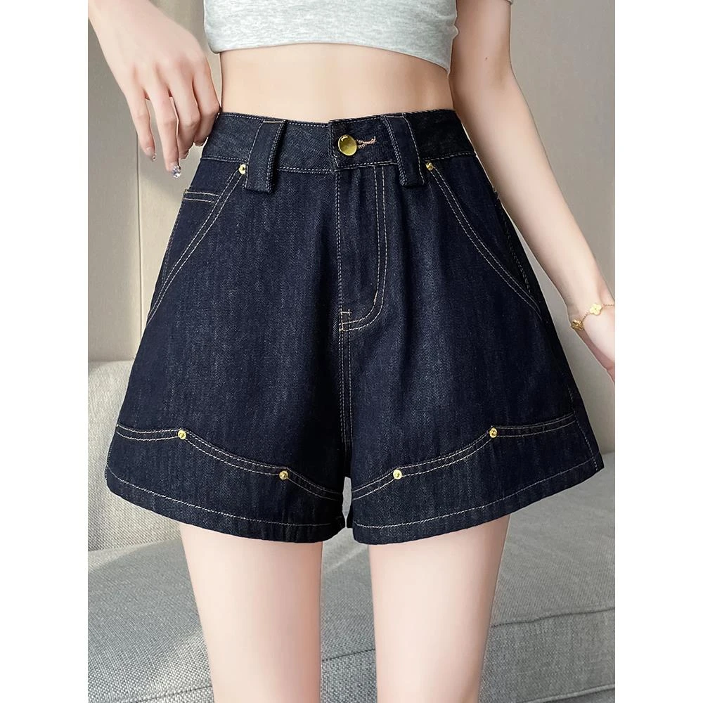 深色牛仔短裤女夏季薄款小个子梨型微胖遮胯显瘦高腰a字版阔腿裤