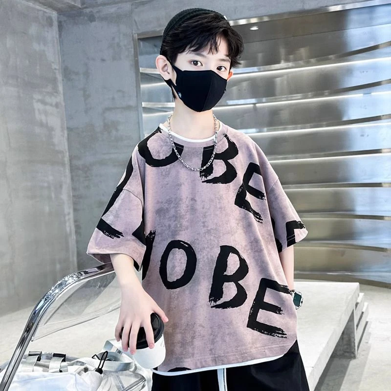 男童夏装短袖假两件宽松版T恤6-15岁中大童男孩潮流时尚百搭半袖