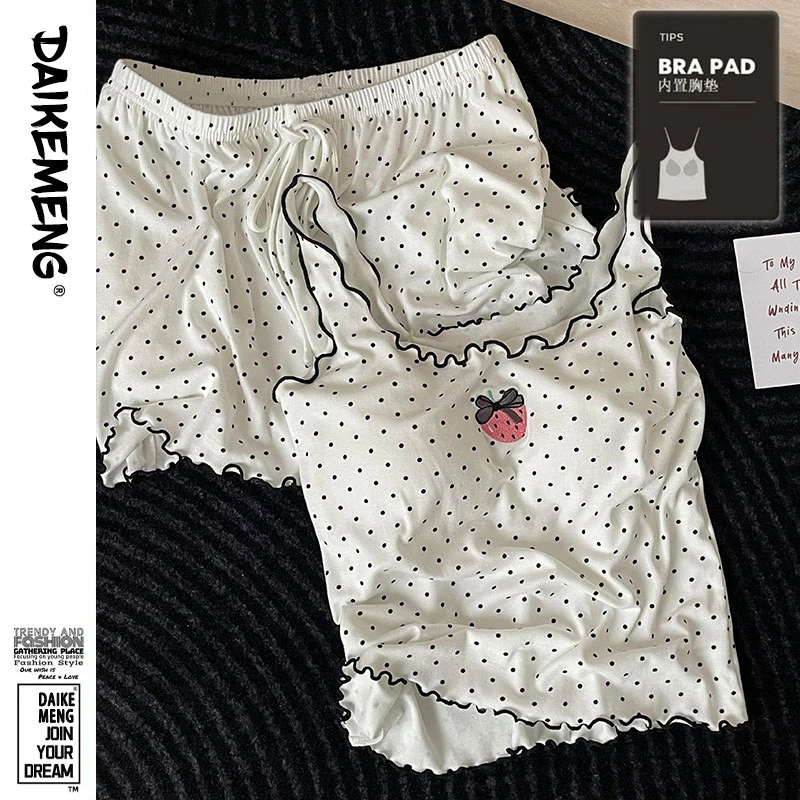 【零卡糖波点】ins少女草莓吊带显瘦休闲两件套夏季新款带胸垫睡衣