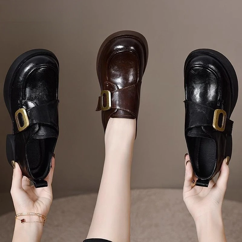 万达撤柜头层牛皮2025年新款秋季厚底乐福鞋女小皮鞋英伦风高跟单