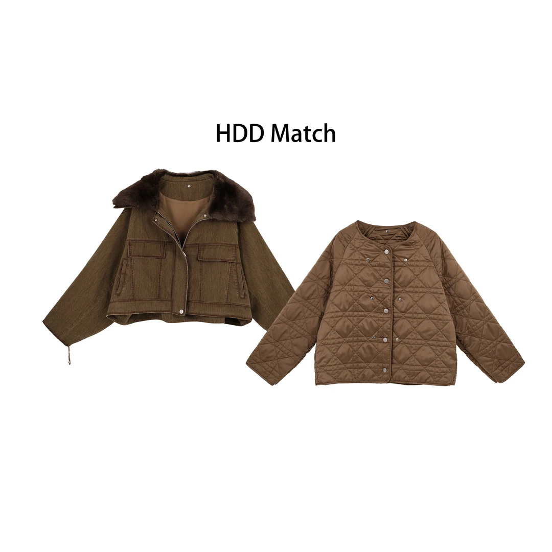 HDD- "甄选棕标" 棉 冬季女款可拆卸毛领内胆蚕丝棉外套 Y9353