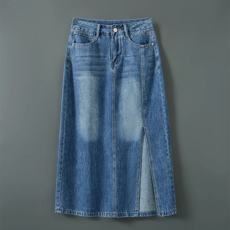 艾格侧开叉高腰牛仔半身裙女2025年夏季新款小个子a字包臀中长裙