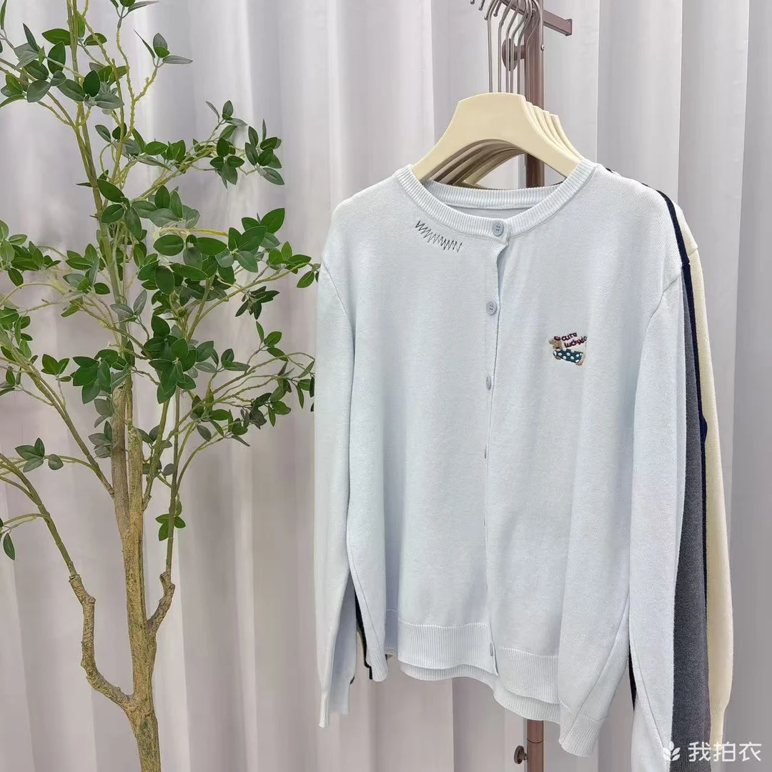 KJ新款纯色百搭新款柔软圆领长袖单排扣开衫