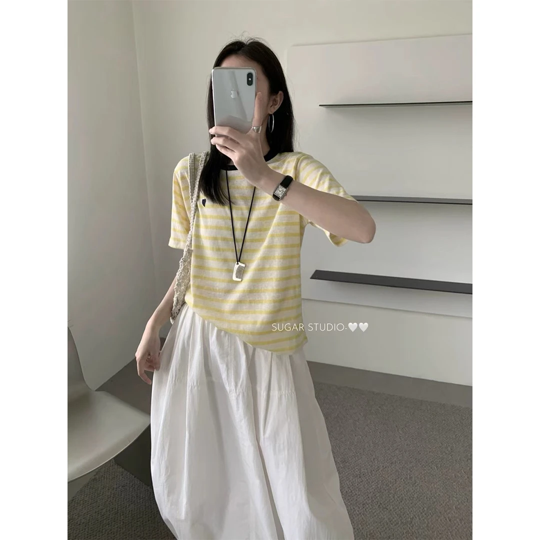小清新黄色薄款刺绣爱心条纹短袖T恤女 2025新款撞色透气圆领上衣