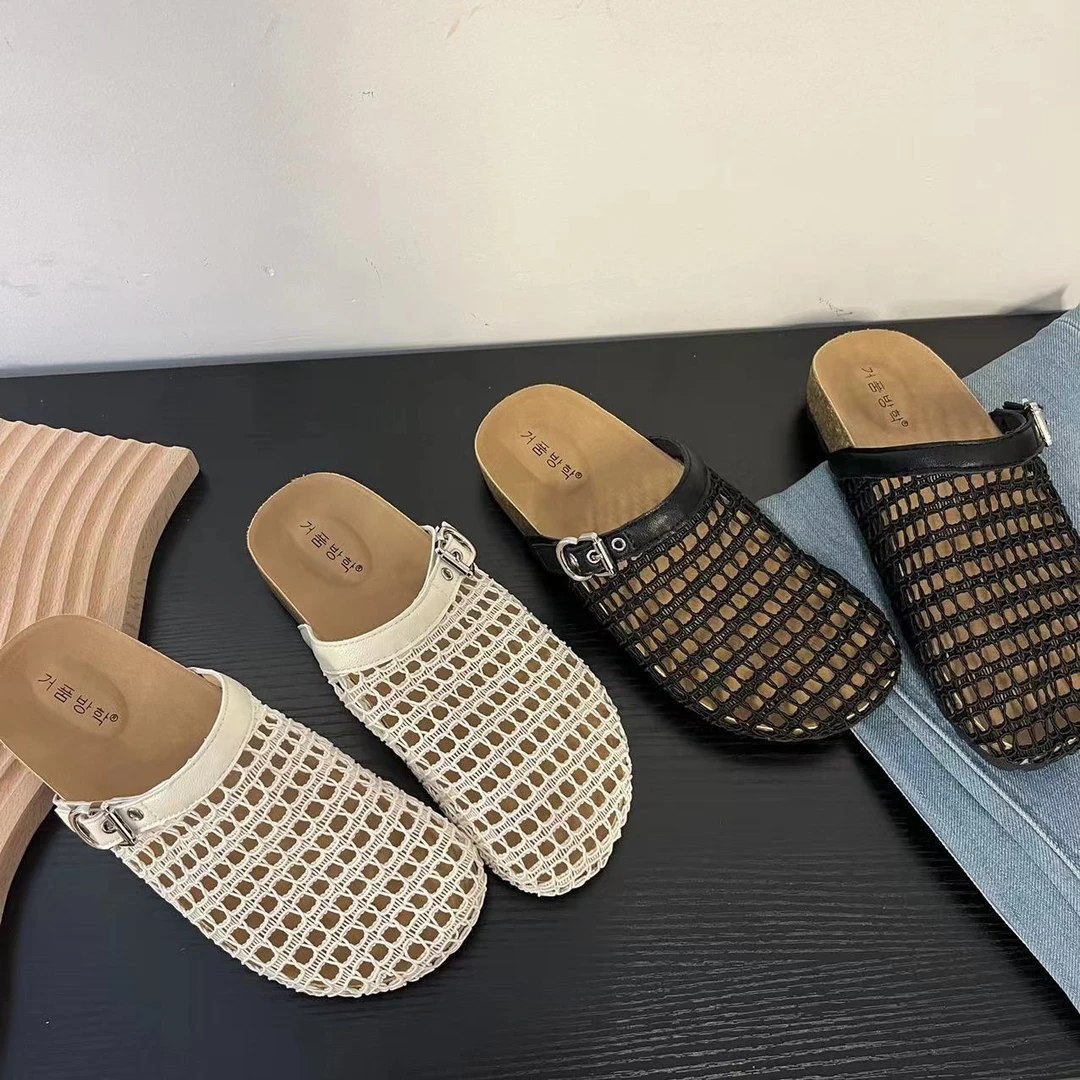 2025新款外穿包头拖鞋女夏季网面镂空扣件搭配凉鞋透气坡跟渔网鞋