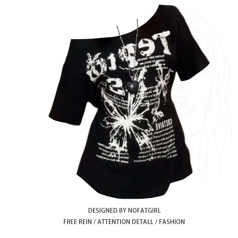 大码胖MM甜酷辣妹黑色斜肩蝴蝶结印花短袖t恤女夏季慵懒宽松上衣