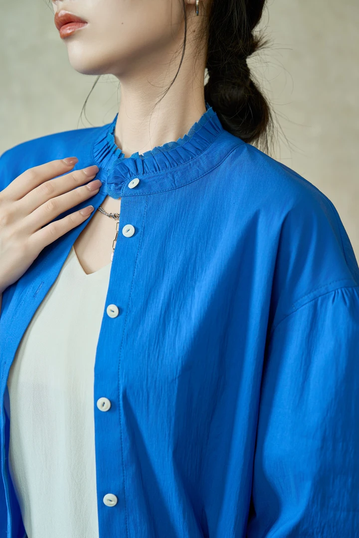 【EMPRESS/恩比麗蕬】衬衫春夏中袖蓝色夏季小众宽松设计感百搭