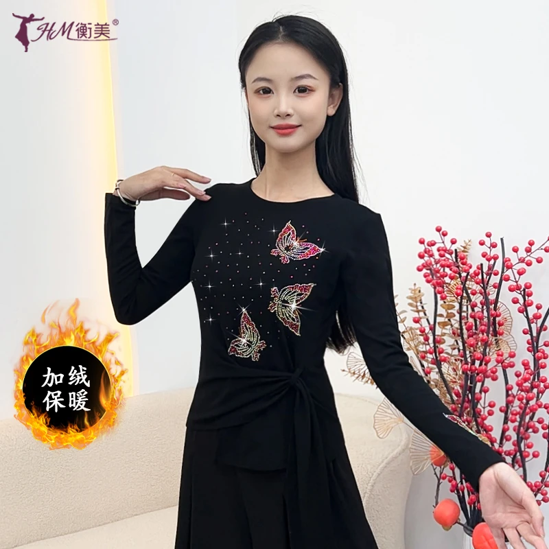 新款古典舞练功服女圆领烫钻不规则系带现代舞广场舞演出服装上衣