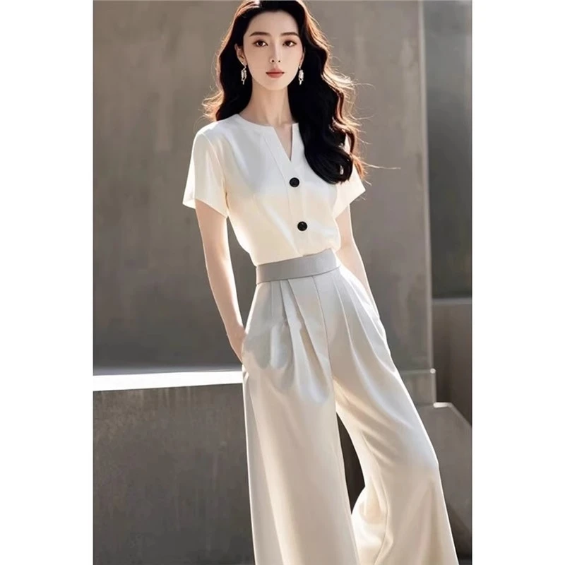 干练气质女装套装洋气时尚御姐风白色衬衫裤子盐系轻熟两件套夏季