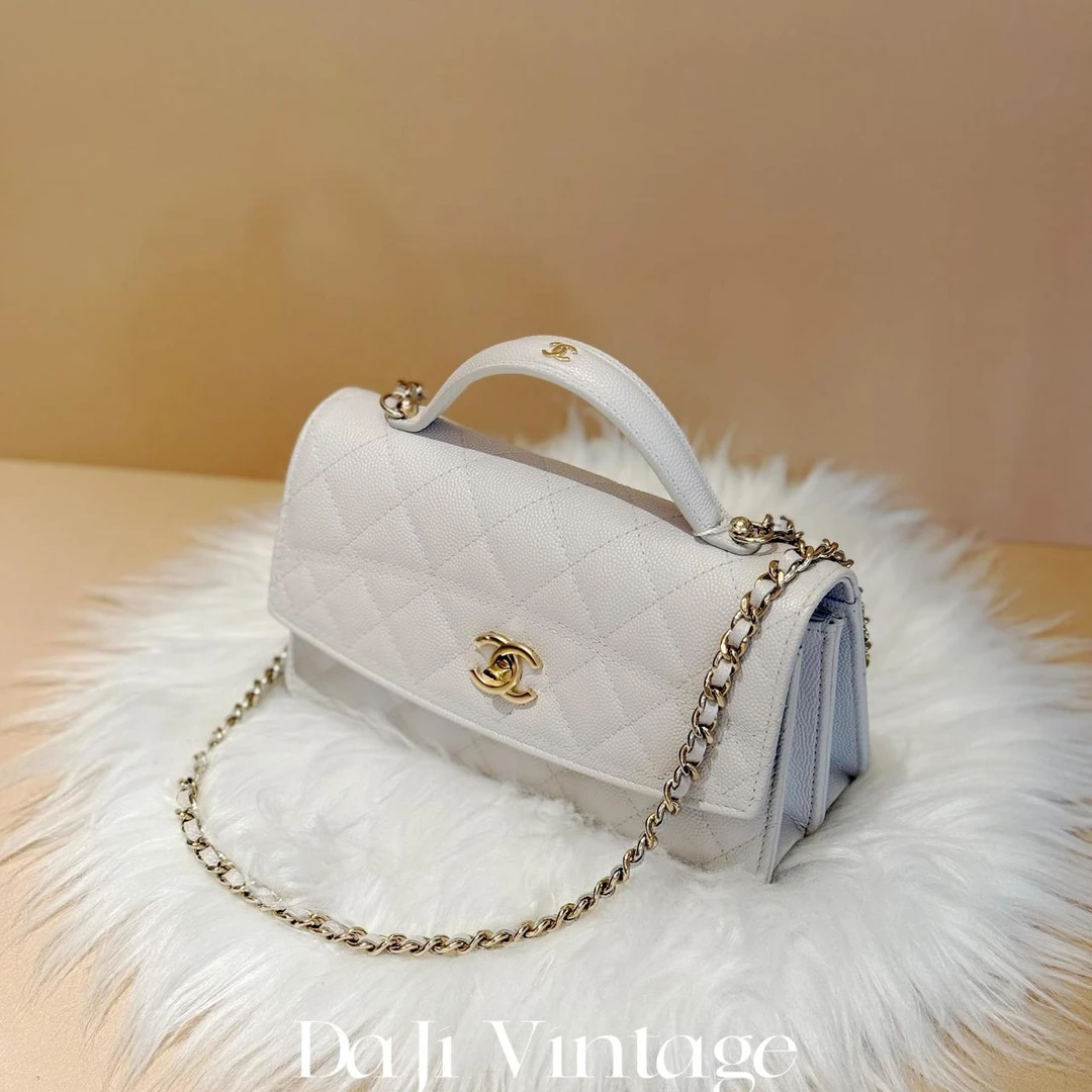 24期免息/大吉中古/ Chanel香奈儿25C奶白色手柄风琴斜挎包