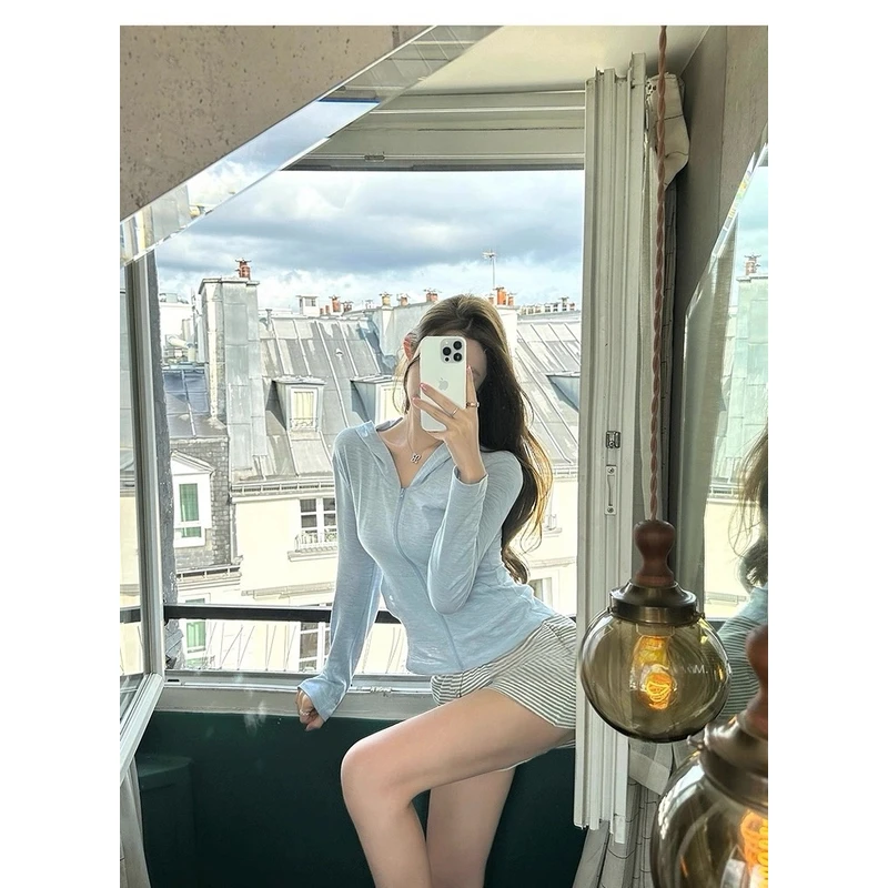 修身/宽松100棉超薄透气防晒夏季连帽女卫衣 81006