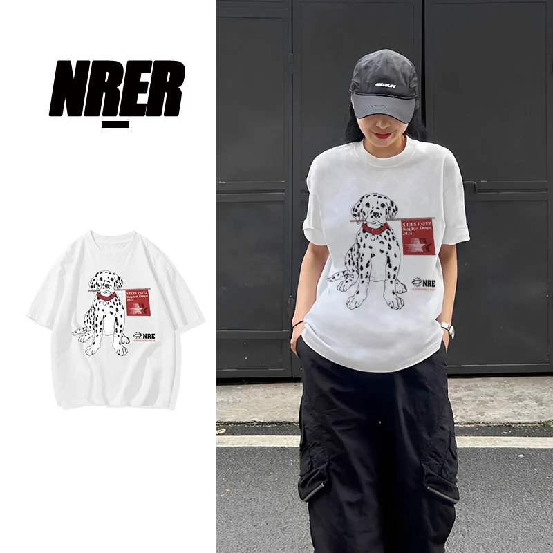 NRER美式复古斑点狗印花夏季短袖t恤女oversize设计潮流宽松上衣
