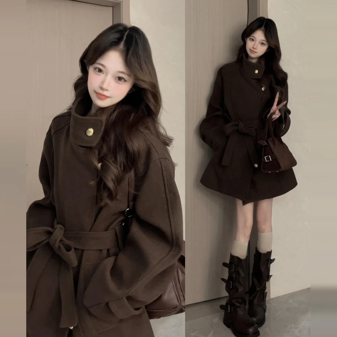 韩系巨好看毛呢子厚外套女秋冬季2025新款小个子香风收腰短款大衣