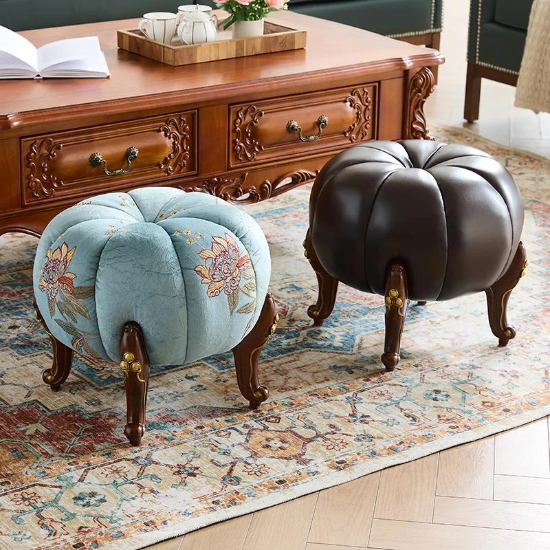 欧式软包矮凳家用客厅茶几边凳实木沙发凳美式布艺皮椅别墅南瓜凳