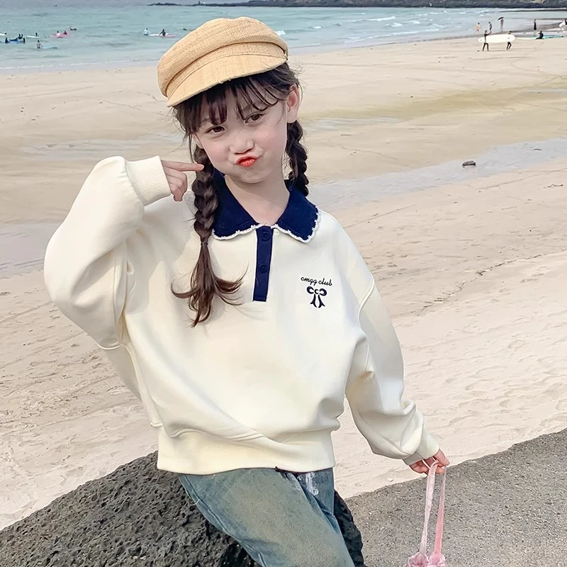 女童卫衣春款2025新款洋气百搭Polo领小女孩衣服中大童翻领上衣潮