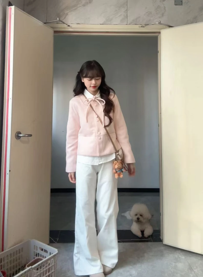 甜圈圈【桃桃小莓】粉色毛呢外套甜美可爱夹棉纯白色长袖T恤套装