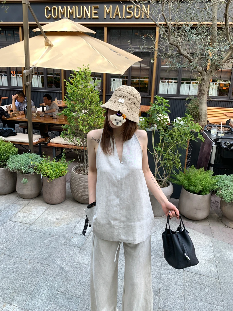 高级亚麻天丝v领挂脖无袖背心T恤女夏季薄款透气宽松上衣