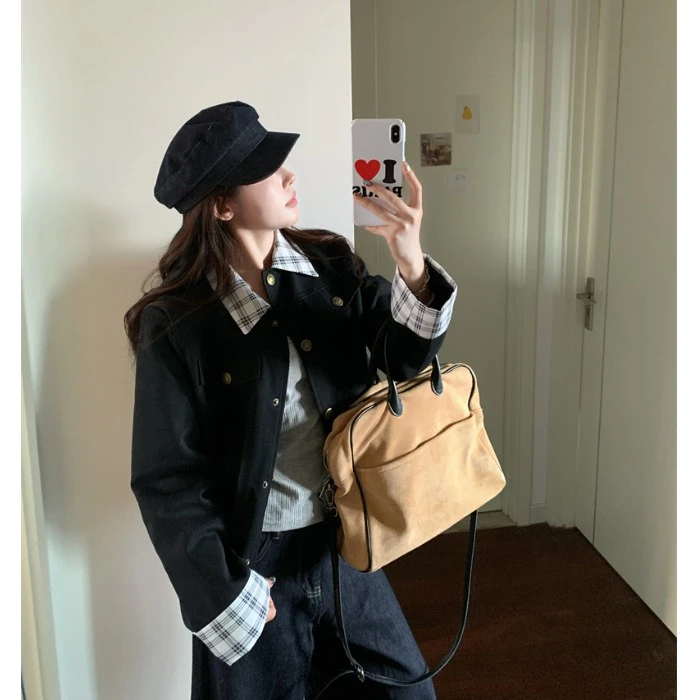 设计感复古格纹拼接翻领长袖外套女2025秋季新款气质百搭显瘦上衣