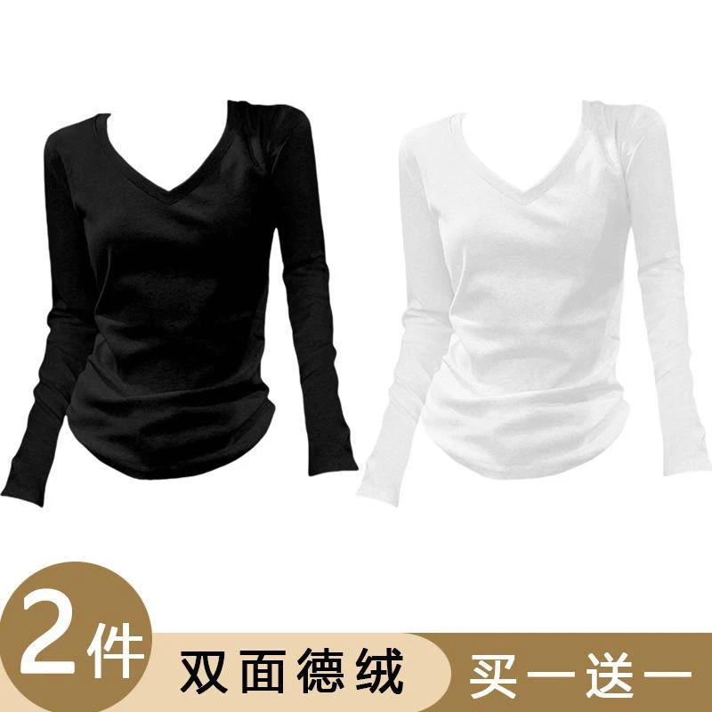 正肩秋冬打底衫女内搭新款修身辣妹德绒V领长袖T恤显瘦设计感上衣