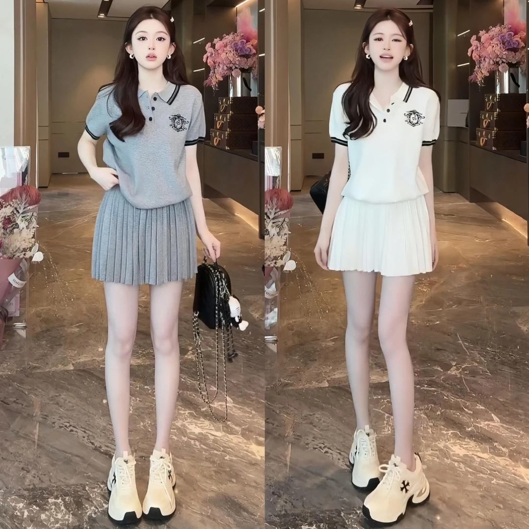 65932025新款时尚休闲polo领针织衫百褶半身裙时尚套装气质减龄女