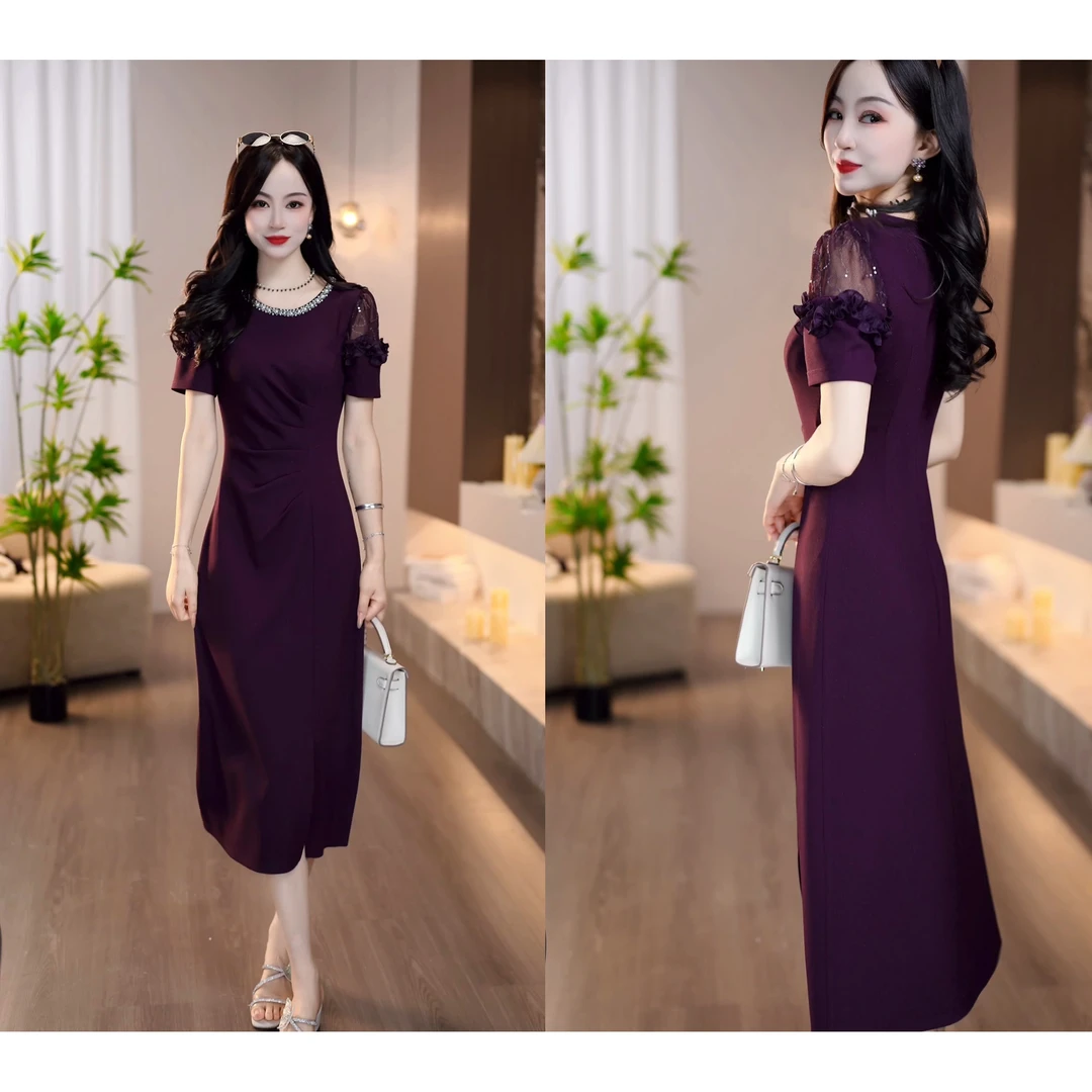 2025夏季新款紫色名媛范肩部蕾丝镂空经典礼服连衣裙M-4XL