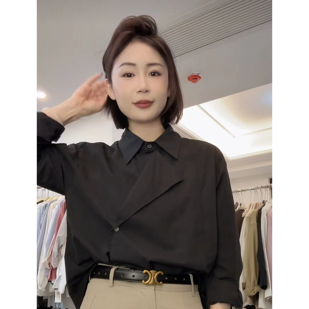 1348黑色POLO领衬衫女轻奢高级感秋装新款爆款巨好看衬衣法式上衣