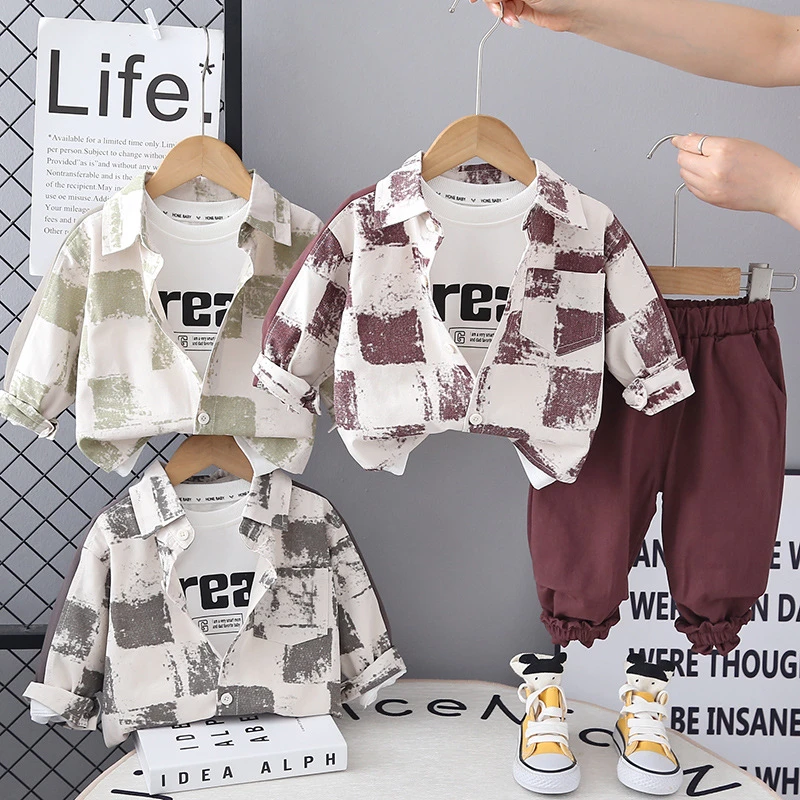 复古长袖工装衬衫男童春秋款休闲方块翻领男宝宝2025三件套装现货