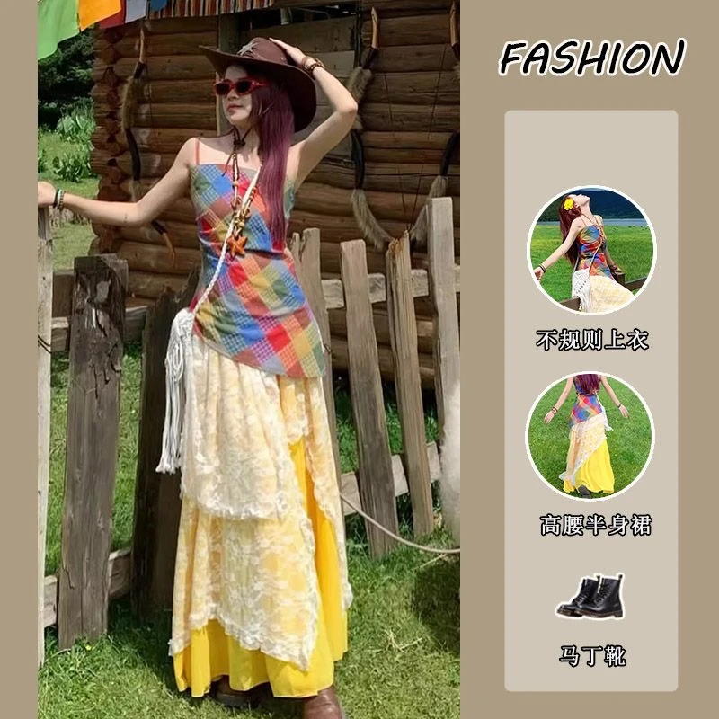 套装女2025夏季纯欲辣妹无袖格纹背心上衣叠穿蕾丝裙半身裙三件套