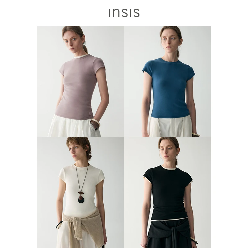 INSISFEMME 流光风2025夏新款磨毛经典圆领小飞袖修身T恤上衣女