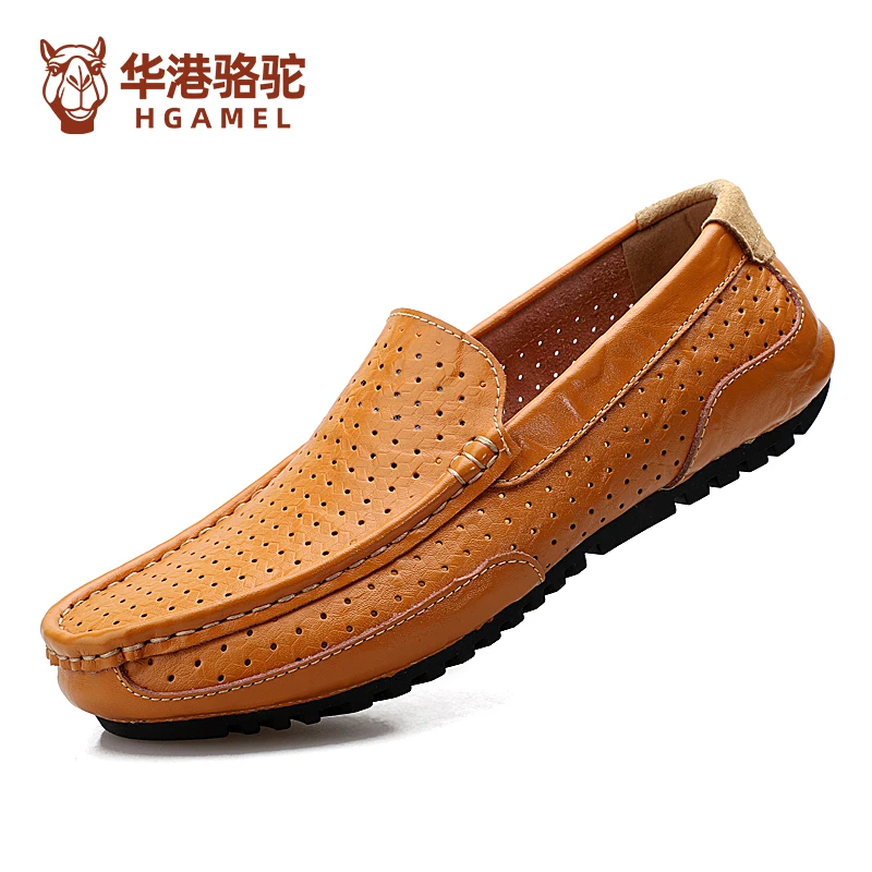 华港骆驼手工一脚蹬休闲皮鞋真皮牛皮开车鞋夏季透气软底镂空鞋子