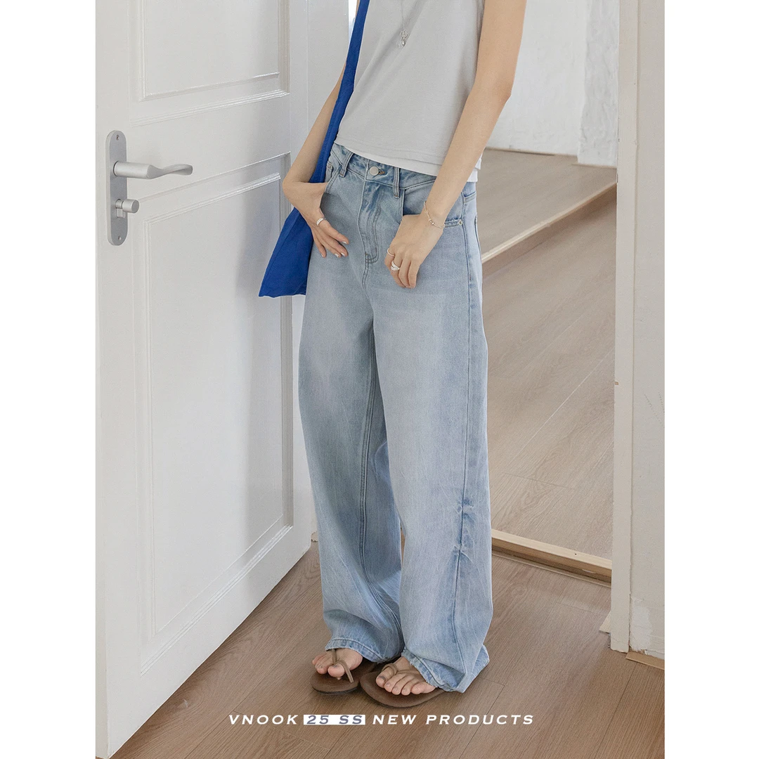vnook 冰裂做旧牛仔裤女夏2025新款中低腰宽松垂感经典拖地阔腿裤