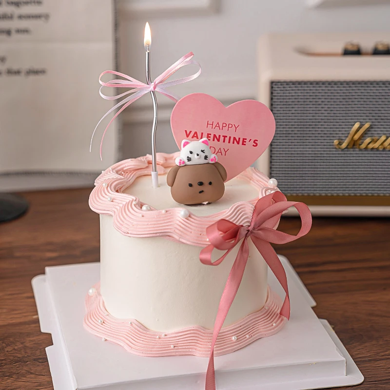 可爱小猫小狗叠叠乐蛋糕装饰摆件七夕情人节快乐情侣告白爱心插牌