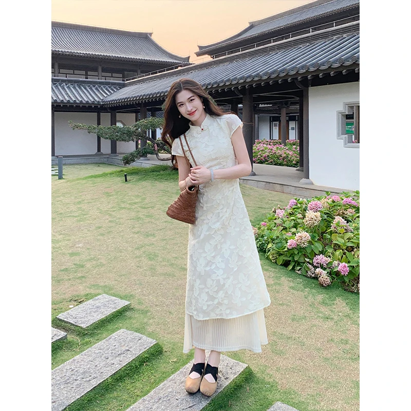 凌茜【踏枝】国风旗袍新中式杏色剪花假两件温柔长裙高级连衣裙