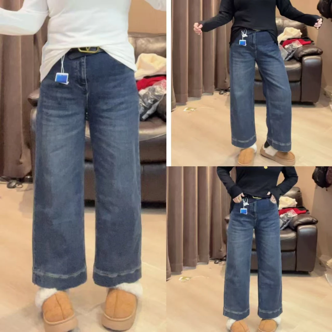 010#九分直筒牛仔裤冬季加绒奶奶裤显瘦弹力阔腿裤（卡码拍大）