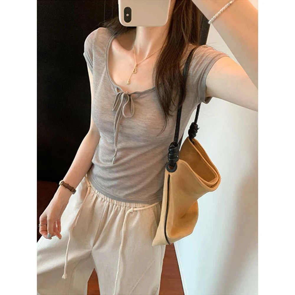 韩系时尚简约系带u领正肩短袖t恤女夏季修身显瘦百搭别致短款上衣