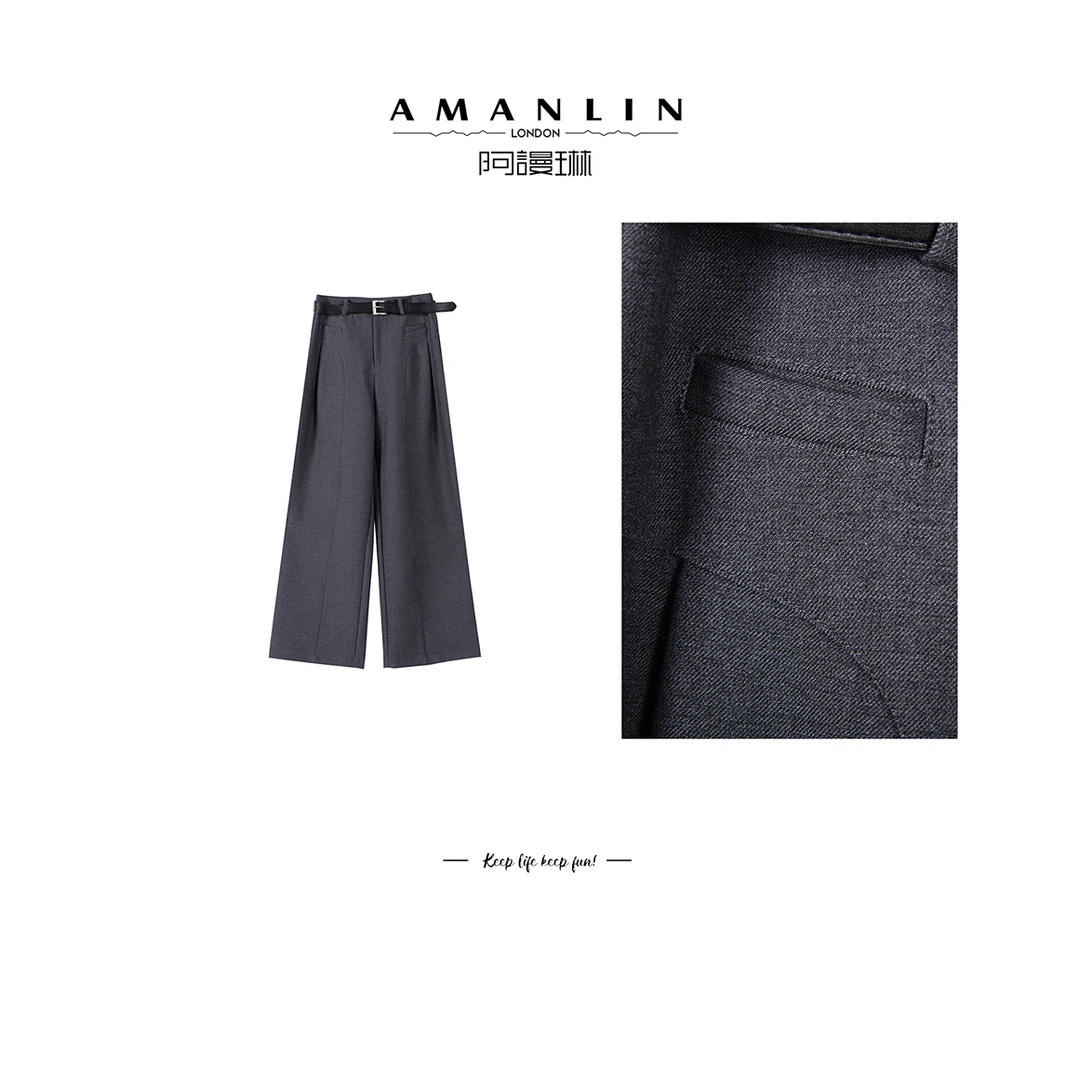 秋冬新款复古高腰阔腿百搭显瘦设计感休闲裤F595091