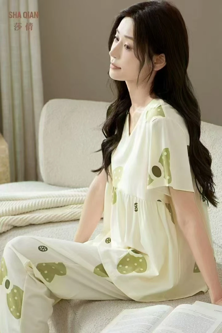 夏季薄款透气宽松带罩杯短袖九分裤印花睡衣女套装可外穿