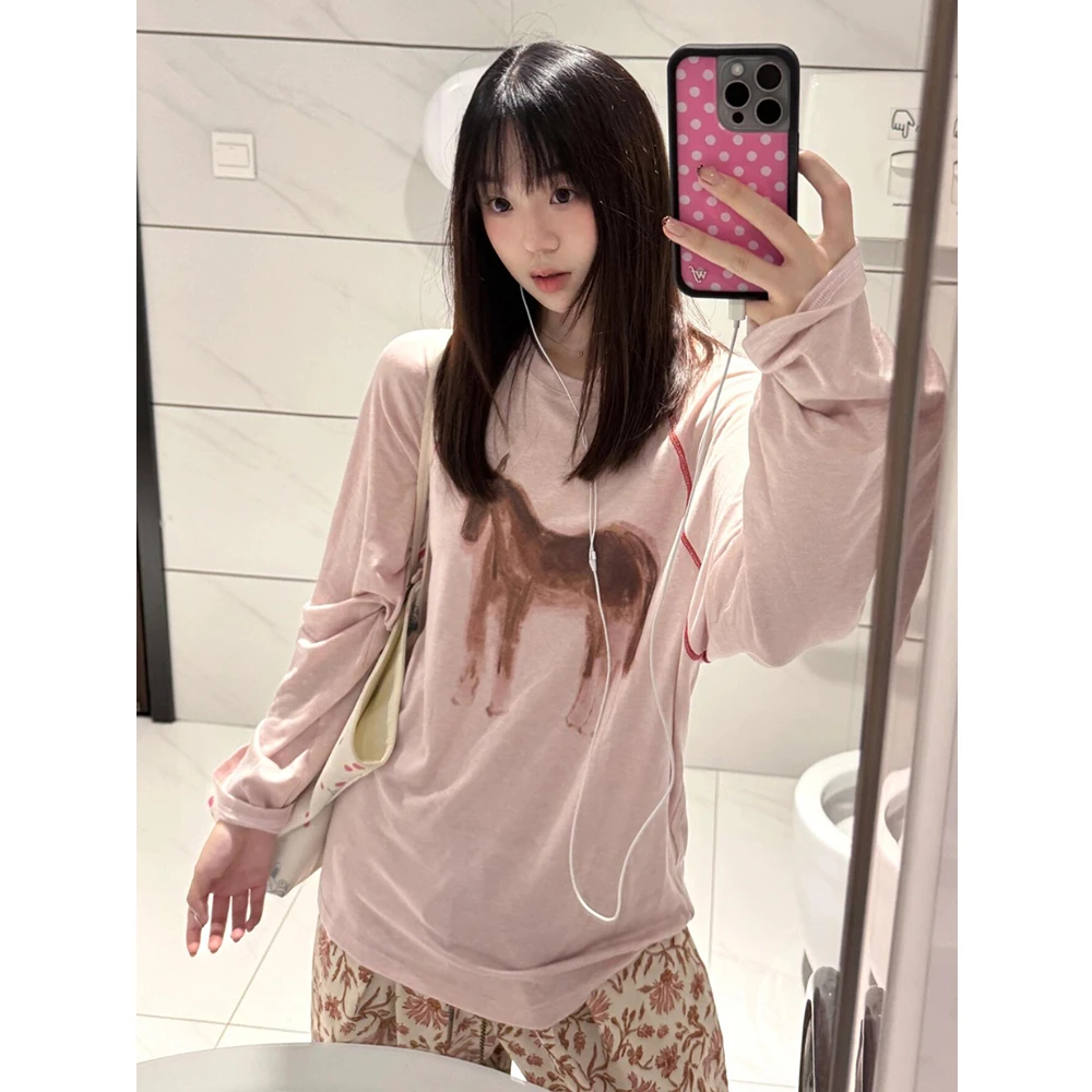 设计感小众手绘印花插肩长袖T恤女2025秋季新款显瘦宽松慵懒上衣