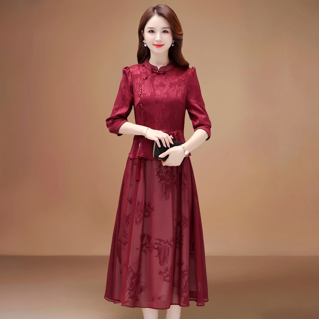 喜婆婆婚宴旗袍气质连衣裙女2025新款夏时尚妈妈妈装裙子