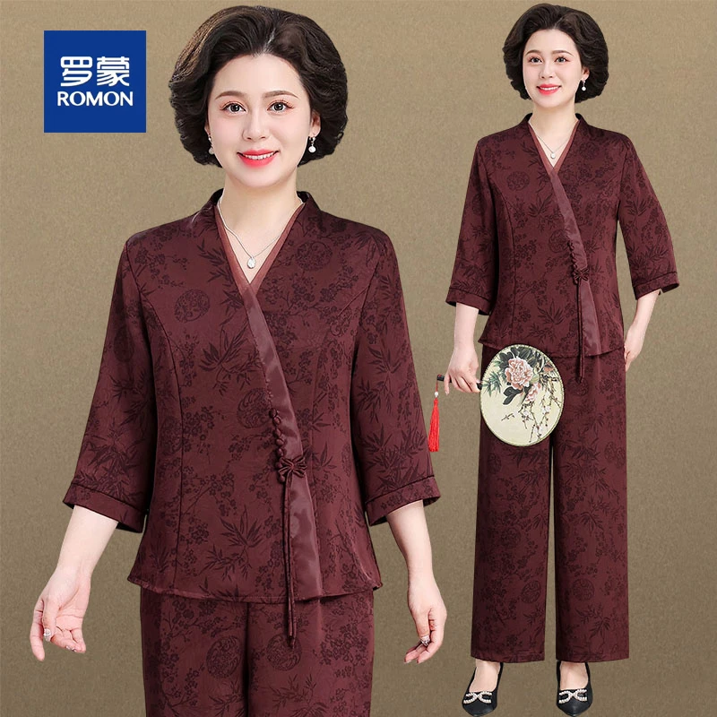 罗蒙阔太太妈妈夏装高档雪纺衫套装国风中老年女装气质碎花两件套