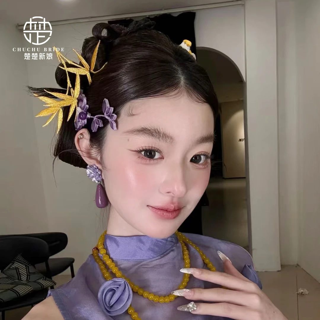 新款新中式头饰布艺仿真竹叶气质新娘旗袍婚礼古风汉服发饰品