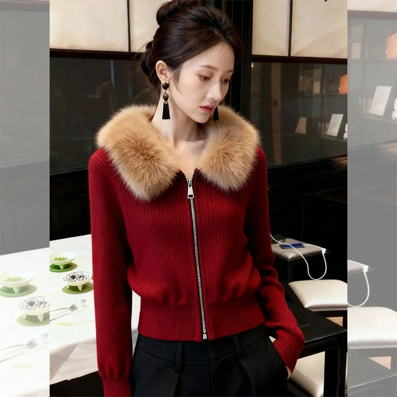 冬季气质轻熟风女装时尚百搭针织开衫毛衣外套设计感毛领外搭上衣