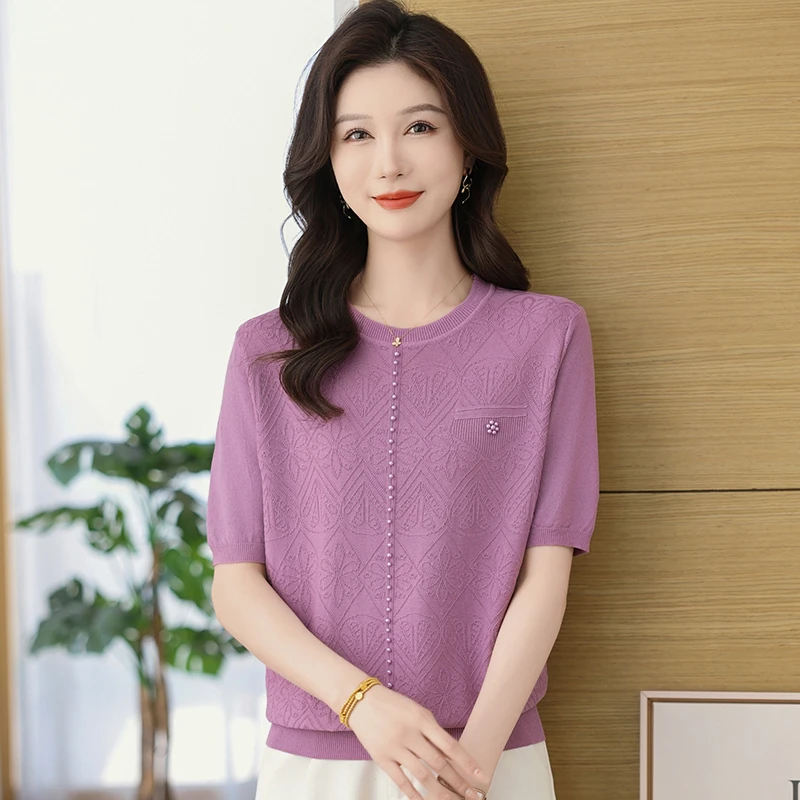 夏季100%天丝女士圆领宽松显瘦套头百搭减龄短款时尚短袖针织衫