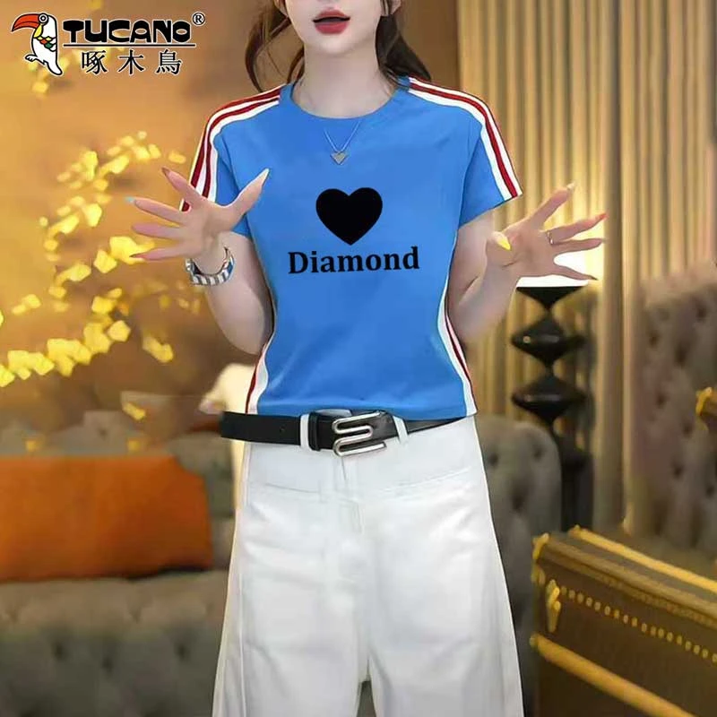 啄木鸟棉短袖t恤女爆款2025新款上衣时尚高级拼接大码遮肉显瘦