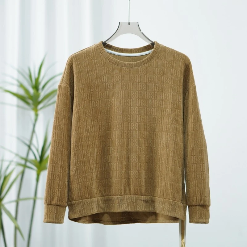 【诗M】Z745-1  女装春秋圆领肌理纹路卫衣卡其2505037