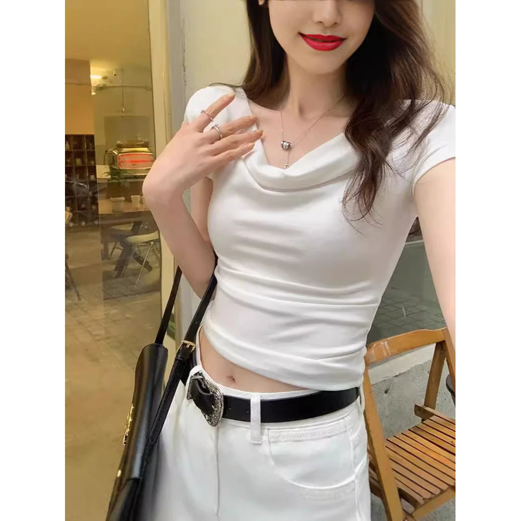 设计感小众荡领修身显瘦短袖T恤女2024夏季新款辣妹露肩短款上衣