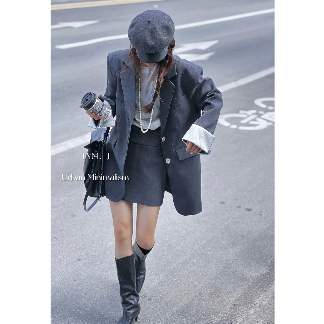 【no退no换 谨慎下单】翻边袖西装外套+半身短裙套装