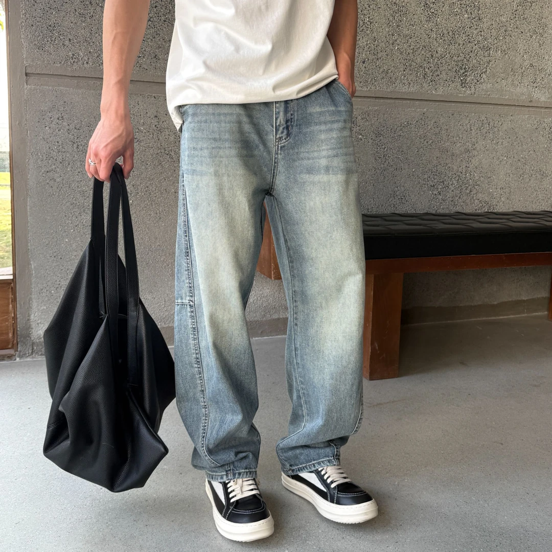 “25ss夏季”男士潮流百搭高街设计感弯刀时尚拼接水洗牛仔裤YJ6215