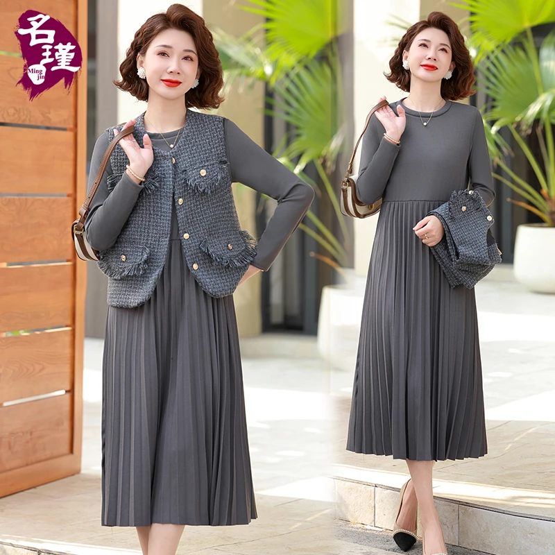 XL-5XL 2025年春装妈妈连衣裙三件套外套时尚中老年女裙子aa5770