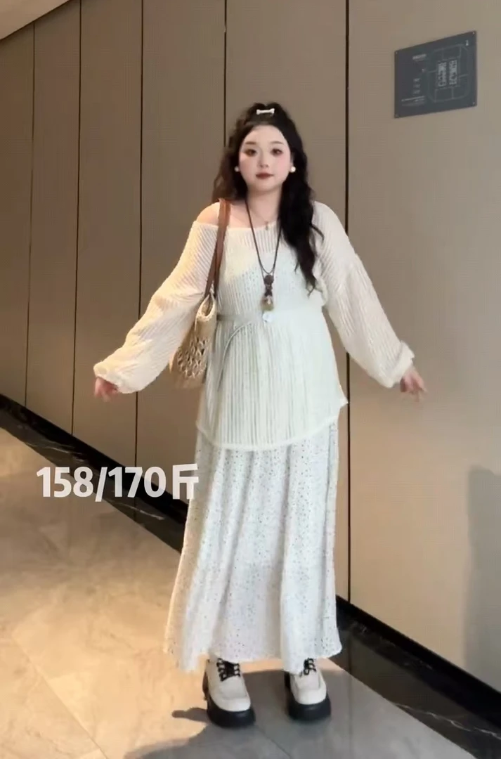 大码女装度假风设计感镂空黄色针织罩衫春季新款胖mm套装1708#